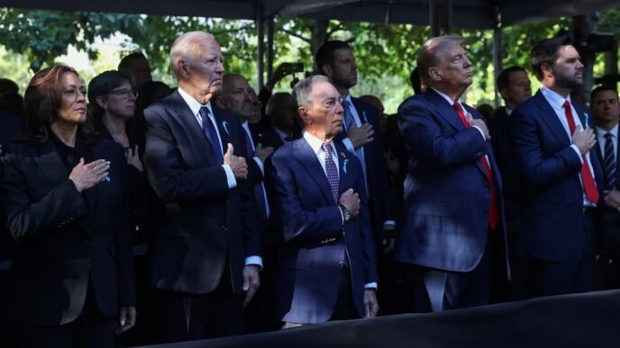 republican presidential nominee and former president donald trump republican vice presidential nominee senator jd vance president joe biden and former mayor of new york city michael bloomberg and democratic presidential nominee and vice president kamala harris gesture during a ceremony marking the 23rd anniversary of the september 11 2001 attacks on september 24 2024 photo reuters