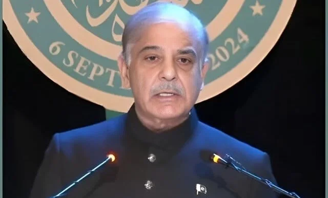 prime minister shehbaz sharif speaking at the central defence and martyrs day event at ghq in rawalpindi on friday screengrab