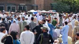 security personnel gather to protest around an ambulance carrying the body of a slain policeman who was killed along with a polio worker in an attack by gunmen in bannu on september 12 2024 photo afp