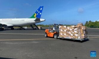 Anti-epidemic supplies provided by China arrive in Tarawa, Kiribati, Feb. 23, 2022. Anti-epidemic supplies provided by China were flown to Kiribati