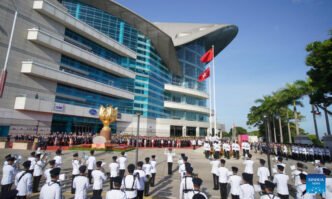 The Hong Kong Special Administrative Region (HKSAR) government holds a flag-raising ceremony and a reception to celebrate the 75th anniversary of the founding of the People