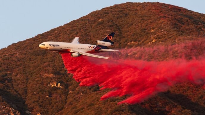 What is the pink powder sprayed over the California wildfires?