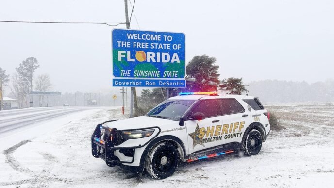 A sheriff vehicle sits along a road as snow falls in Paxton, Florida on January 21, 2025 local time. Bitter Arctic air plunged more than half the US into a deep freeze. Temperatures have dropped more than 17 C below average across large swaths of the country, causing airports and schools to shutter, major roadways to close, and killing at least 11 people, media reported. Photo: VCG