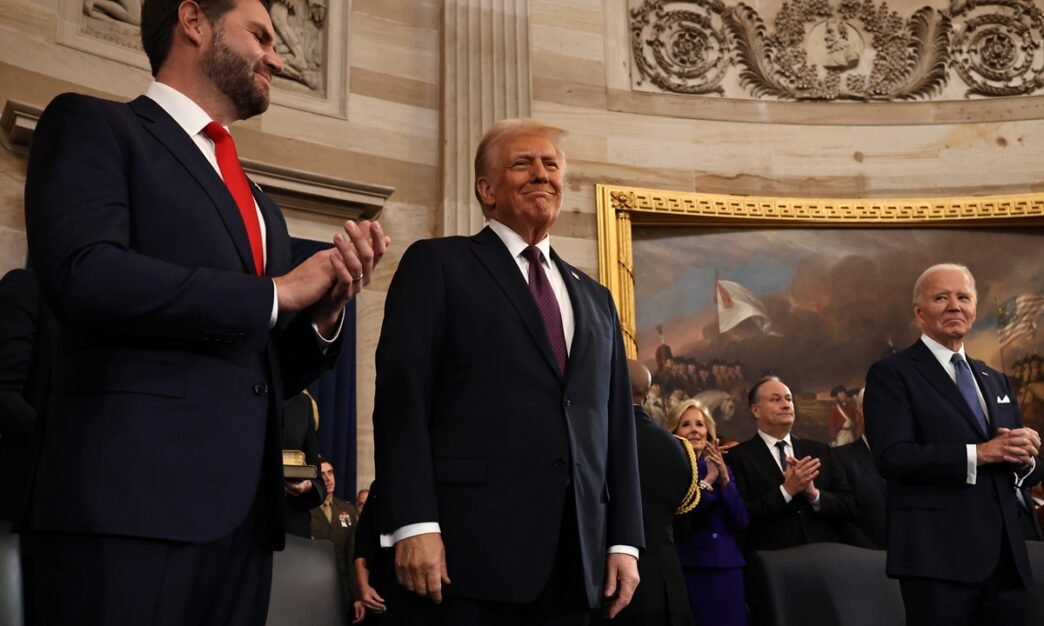 Donald Trump arrives for his inauguration ceremony as JD Vance and Joe Biden look on in the Rotunda of the US Capitol on January 20, 2025 in Washington, DC. Donald Trump takes office for his second term as the 47th president of the US, becoming the second president to serve nonconsecutive terms. Photo: VCG