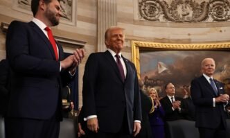 Donald Trump arrives for his inauguration ceremony as JD Vance and Joe Biden look on in the Rotunda of the US Capitol on January 20, 2025 in Washington, DC. Donald Trump takes office for his second term as the 47th president of the US, becoming the second president to serve nonconsecutive terms. Photo: VCG