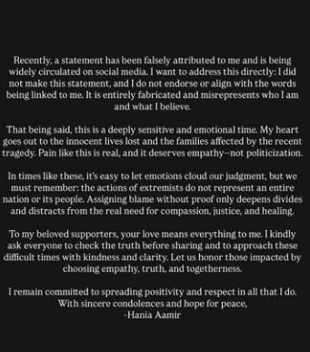 Hania Aamir breaks silence on fake statement, urges peace and empathy amid crisis