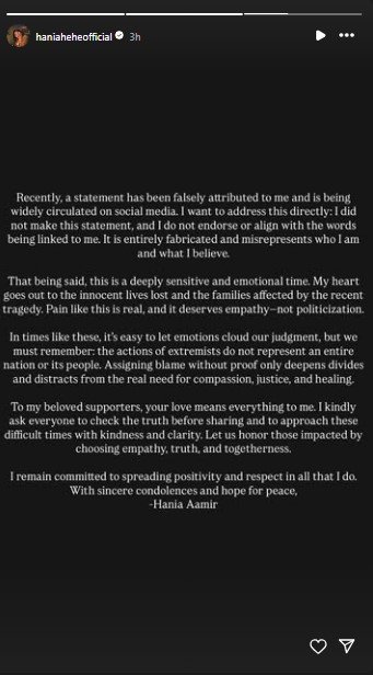 Hania Aamir breaks silence on fake statement, urges peace and empathy amid crisis
