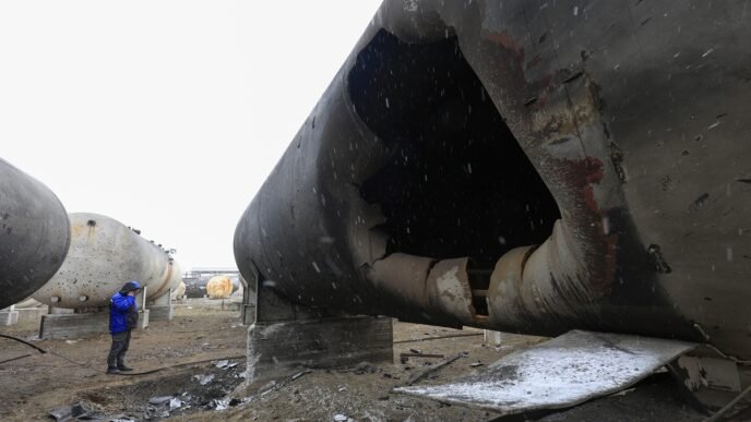 A worker inspects the damage at the AES Group private oil refinery the day after a Russian shock drone attack, in Merefa, Kharkiv region, Ukraine, on March 18, 2025. It marks the fourth attack on the enterprise since February 2022, the AES Group officials said. Photo: VCG