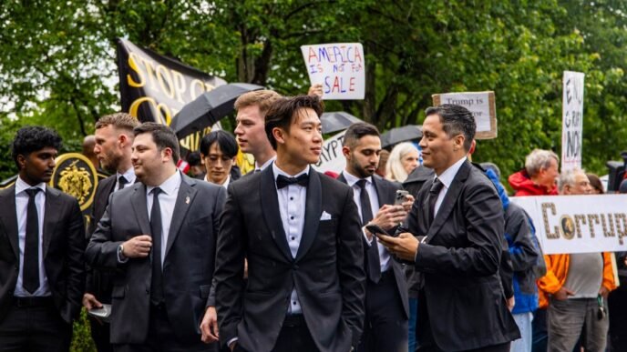 Tuxedos, luxury SUVs and protesters