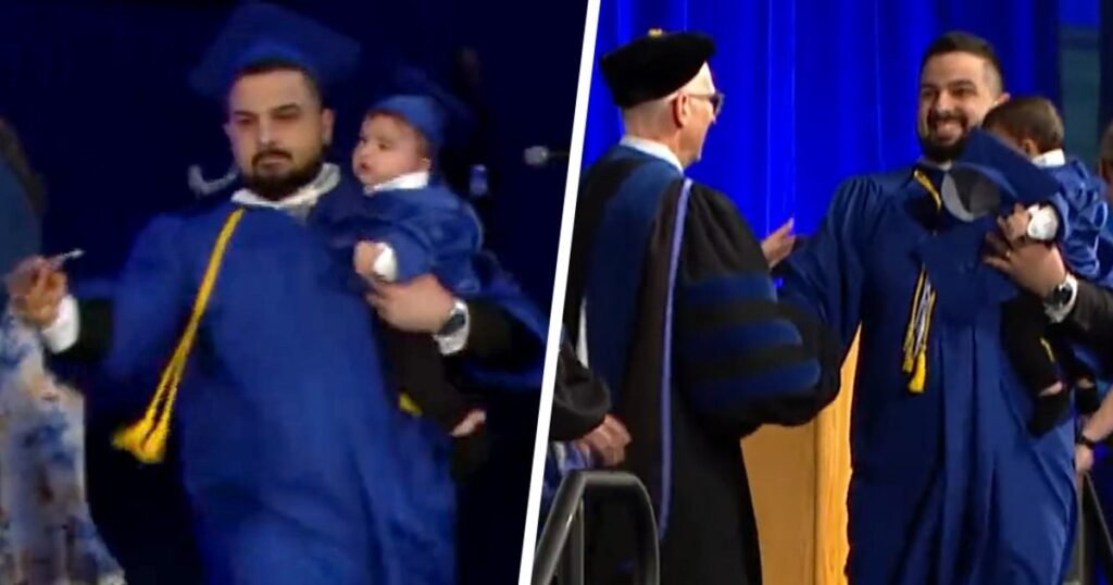 University of Buffalo grad chased by police as he runs across stage holding his baby
