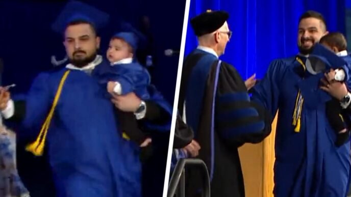 University of Buffalo grad chased by police as he runs across stage holding his baby