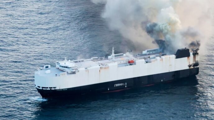 22 crew members rescued from lifeboat in North Pacific after ship carrying 3,000 cars catches fire