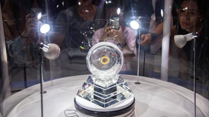 Visitors inspect and take a photo of the lunar samples retrieved from the moon by China