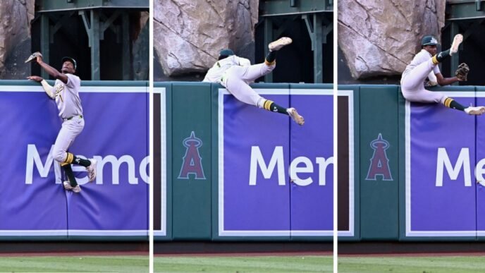 Watch Athletics center fielder make spectacular home run-saving catch